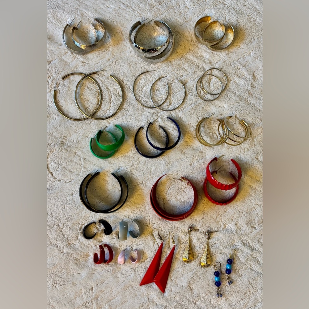 Mixed Vintage Hoop Earring Lot in Red, Green, Blue, Black, Gold, Silver